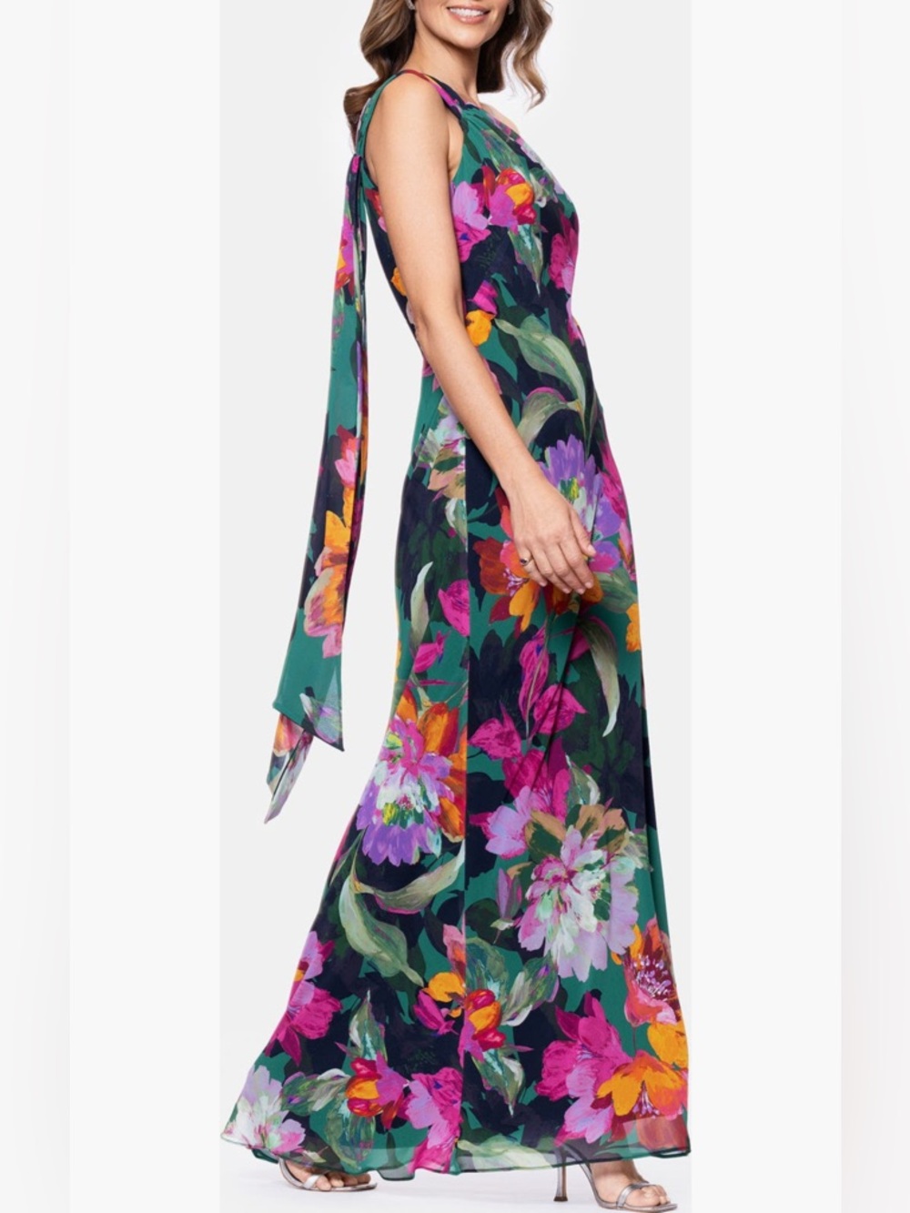 XSCAPE Floral One Shoulder Chiffon Gown. Size 10 Women 
#383